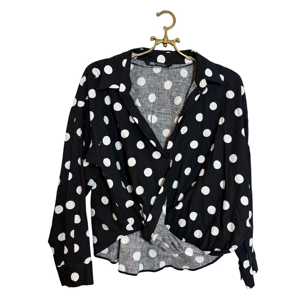 Zara Polka Dot Blouse Women's Small Black White Long Sleeve Twist‎ Front